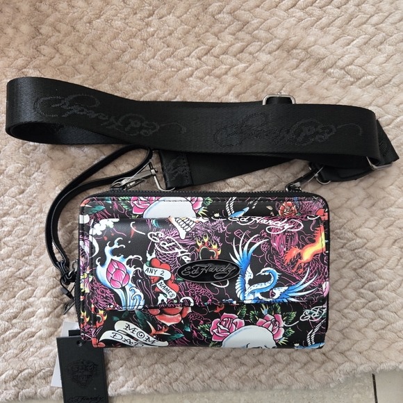 Ed Hardy Women's Crossbody Wallet Purse Wristlet Adjustable Strap Tattoo Y2k - Picture 5 of 9
